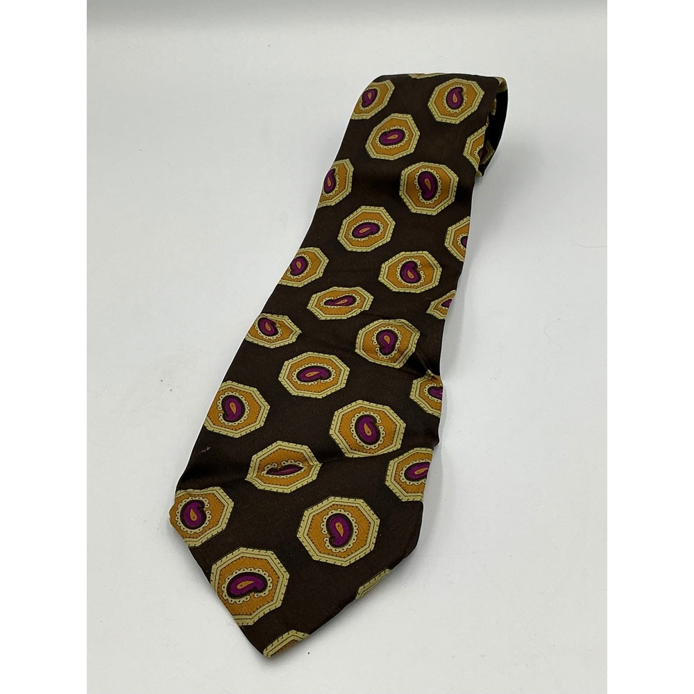 VTG FENDI Silk Tie Brown Paisley Octagon Pattern Made in Italy Mens Necktie